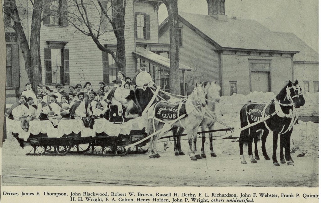 Reader Earl Burroughs sent us this photo of the Wonalancet Club’s float from a Concord parade in 1897, although float is probably used liberally here (a sleigh full of that many dudes would obviously sink – duh.) Anyway, we’ve decided that modern parades could benefit from utilizing more items from this photo, most notably different colored horses, those amazing chef-type hats the club members are wearing and the mitten, ball and mustache combination on the guy who was obviously the inspiration for the Chef Boyardee cans. Also, suggested club slogan: Wanalancet? I’d love a lancet!