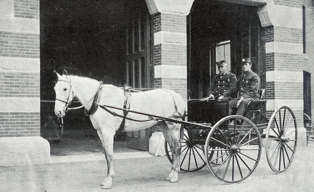 Reader Earl Burroughs sent along this photo, and man, fire engines have come a long way in the last couple centuries. Here we see William Green, chief of the Concord Fire Department for 38 years, or as he came to be known, the “Grand Old Man” of the department.