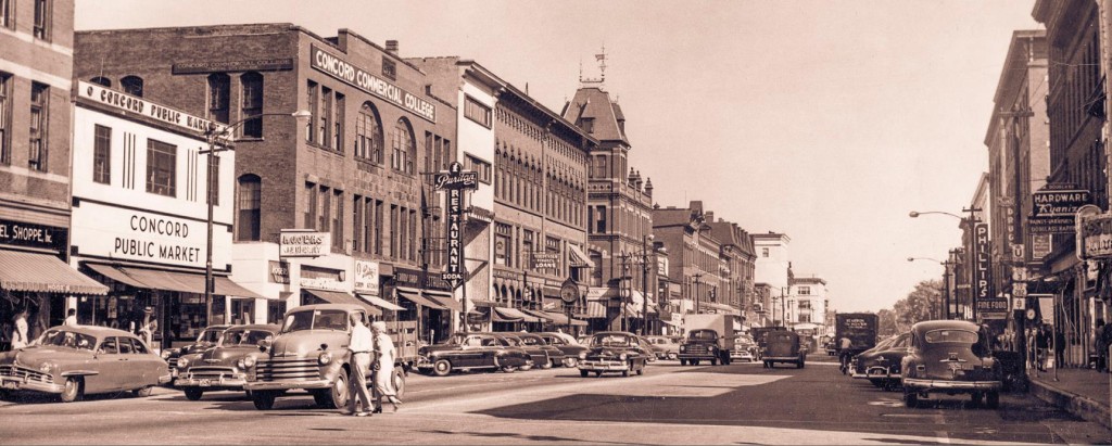 We swiped this awesome photo of downtown Concord from Rich Woodfin on Facebook. Discussion in the comment thread seems to date it somewhere in the early 1950s. The celebrated Puritan Restaurant is visible in the background, in the building labeled Concord Commercial College, which is where we assume students went to learn about advertising. The Back to the Futurey vibe of the photo was overwhelming enough we spent 10 minutes searching the background for Marty McFly.