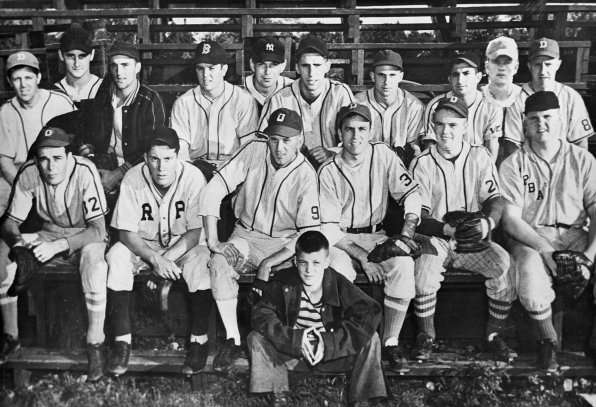 This is the 1950 Keegan-Contrucci Dodgers from the Sunset League at White Park. <strong>Front row:</strong> Bat boy Dick Massey. <strong>Middle row, left to right:</strong> Jim Bell, Carl Stewartson, Red Adams, Nails Knee (best name ever?), Conky O’Connell, Dave Dean. <strong>Back row:</strong> Doug Knee, UNKNOWN, Bunk Bailey, Rae Comolli, Lefty Callahan, Bill Cullen, Fred Johnson, Andy Michael, Don Jelly (who looks to either be crudely photoshopped in or fresh out of the corn field in Field of Dreams), Stan Carlson.