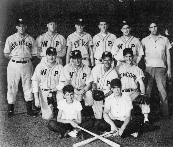 Here we have the 1947 White Park team from the Sunset League. <strong>Front row, left to right:</strong> Bat boys Don DeAngelis, Ed Callahan. <strong>Middle row:</strong> Bob McGrath, Ralph DeAngelis, Roy Bunham, UNKNOWN No. 1. <strong>Back row:</strong> Chuck Muzzey, UNKNOWN No. 2, Hap Simpson, Rudy York, Roland Moran, Jim Hardiman.