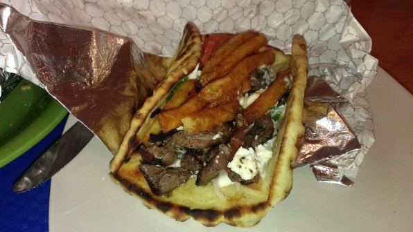 That’s a classic lamb gyro, complete with french fries IN the sandwich. That’s a game changer, people.