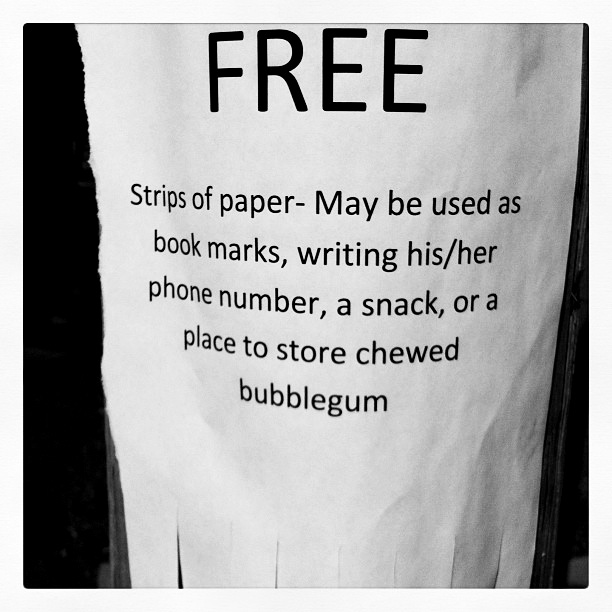 Reader Katy Brown Solsky hooked us up with this picture of a flyer she found hanging on the corner of School and Tahanto Streets. As a free paper ourselves, we are totally down. Just don’t use the Insider to store ABC gum!