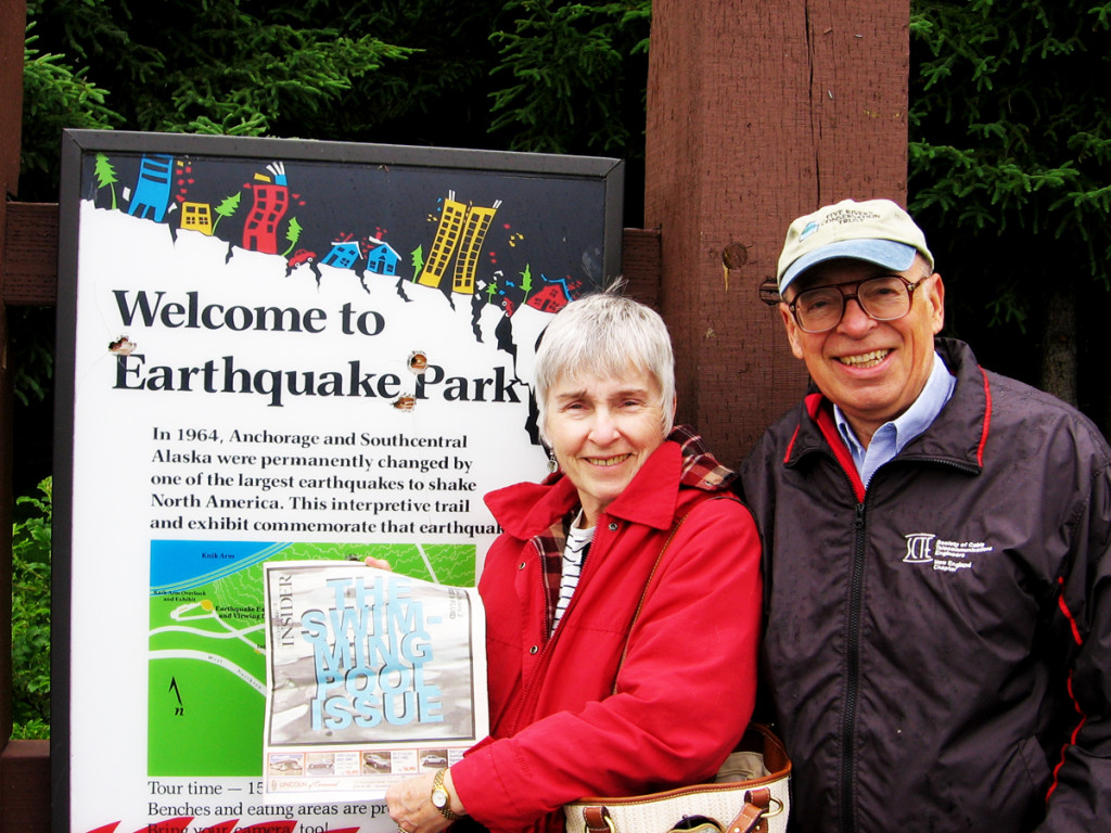 Kathy and Ray Fournier took the Insider with them to Alaska! Here they are at Earthquake Park in Anchorage (yes, those are bullet holes in the sign).