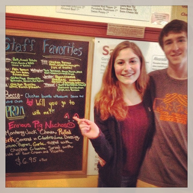 Know what’s new to the menu at Dos Amigos? Romance. Those perusing the staff favorites menu board lately have been treated to proof, thanks to this promposal (is that a word? It should be.) The message lists Becca’s favorite option as a “chicken burrito with awesome sauce and extra chips and will you go to prom with me?” Obviously, she said yes. No word on whether the burrito will be making an appearance at prom, too. Thanks to @dosamigosnh for this pic, and don’t forget to tag us in yours with #concordinsider.