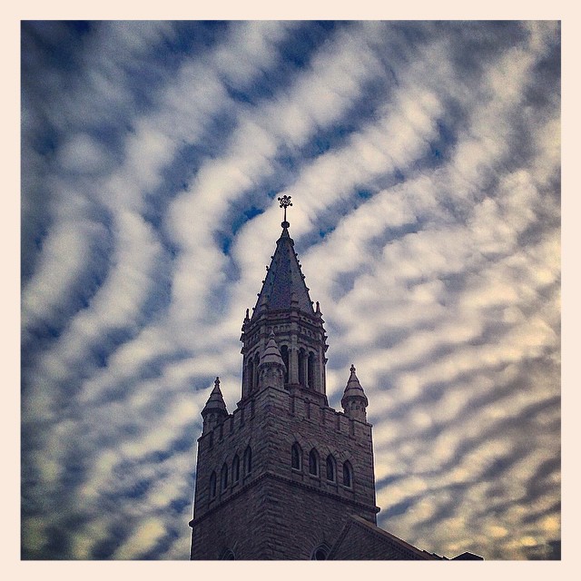 Instagram user @archporn described this photo as a “Romanesque spire with altostratus undulatus clouds.” We prefer the more traditional meteorological phrase “a Romanesque spire with super cute fluffy white clouds that kind of remind us of Col. Sanders’s mustache.” We’ve heard it both ways.