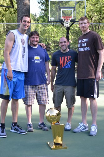 Things that are obvious in this picture of us with Luke and Matt: the trophy is shiny, and professional basketball players are taller than “Insider” staffers. (Thanks to Kara Marquis for taking the photo!)