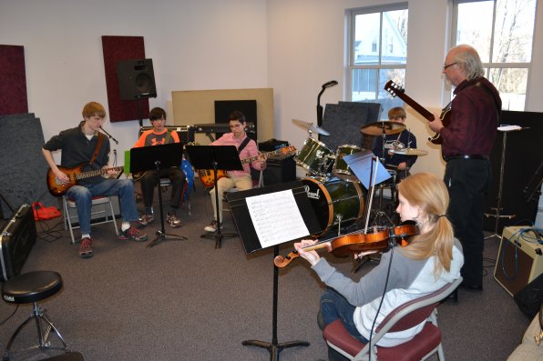 The learning never stops at the music school. Well, it probably does for a few hours at night. But here Lucas Dziezanowski, Ian Dillon, Lucas Tomas, Jake Sullivan, David Tonkin, and Audrey Budington form a jazz ensemble.