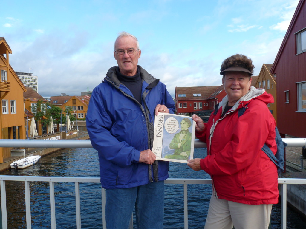 Bob and Julie Cole enjoying a beautiful sunny day in Kristiansand, Norway after enduring gale force winds crossing the North Sea.