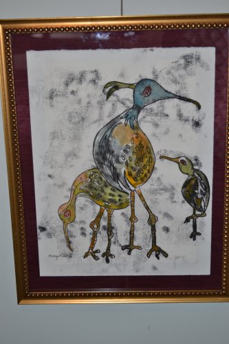 “Pecking Order” (monoprint with watercolor), Mary Ruedig.