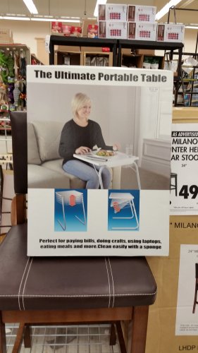 Tired of everyone crowding around the buffet at the counter? Problem solved! Everyone gets their own old-person-watching-their-programs table. Based on the packaging, this product works best in a completely sterile, white environment.
