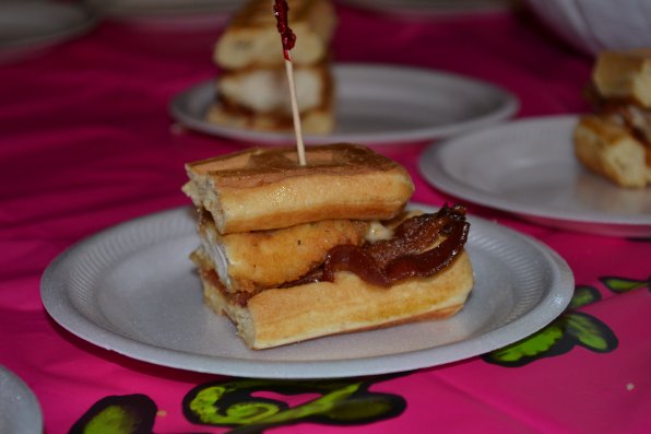 That, folks, is a chicken and waffle slider from Cheers. And yes, that’s a piece of bacon inside.