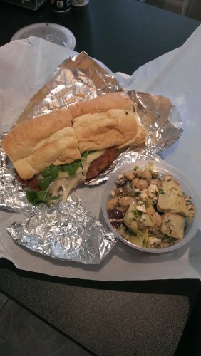 The chicken cutlet sandwich and a side of fresh chickpea salad. Not pictured: drooling onlookers