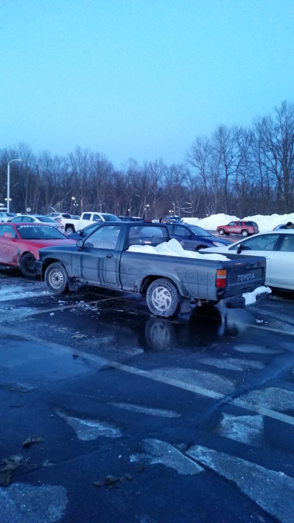The owner of this truck managed to pull off the difficult and rare jerk driver quadruple in one simple act – parking in parts of four different parking spaces at NHTI. It’s enough to earn a gesture in which four of said gesture maker’s fingers remain down. At least the owner cleaned all the snow out of the back of the truck before pulling in.