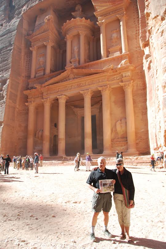 Here are Nicholas and Mary Jane Wallner in front of the Treasury or ‘Al-Khazneh’ in the Petra valley of Jordan. According to Nicholas, Petra is a city carved in the rock face more than 2,000 years ago!