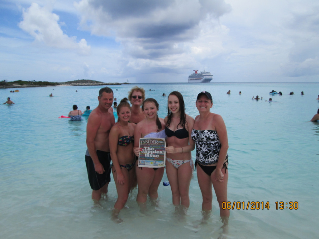 Here’s photographic evidence that we occasionally let the ad staff out of their basement office for things like food and water. Like, cruises full of food and water. That’s Insider ad wizard Sherri Cote on the far right, with Jerry Cote, Madison Cote, Dot Desrosiers, Kaelyn Snair and Kassidy Snair, in Half Moon Cay in the Bahamas during a recent cruise. We hate to break it to you guys, but it looks like the boat may be leaving without you back there!