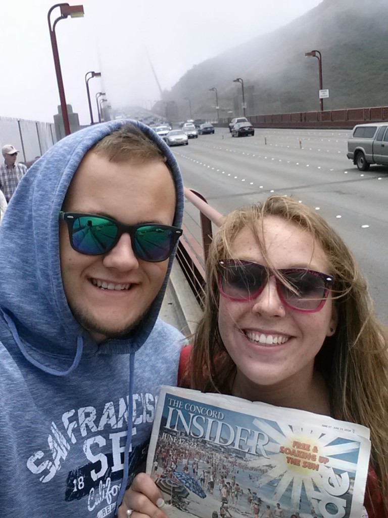 This may be the Insider’s first ever travel selfie, courtesy of Meghan Beckett and her boyfriend, Kris Skinner, both of Concord. They recently visited San Francisco – that’s the Golden Gate Bridge back there! (Not pictured: golden gates. Pictured: signature fog.)