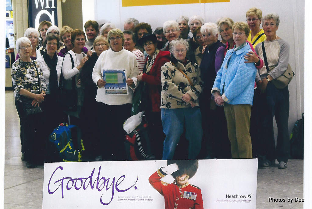 Thirty members of Always An Adventure, a Concord-based organization that provides outdoor activity for older adults, gather at Heathrow Airport in London after a 7-day walking tour of the Cornwall coast, topped off with a 2-night stay in London. No word on whether or not any werewolves were spotted.