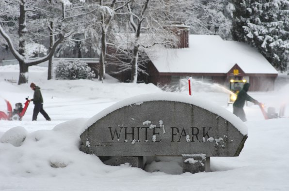 It’s this time of year that White Park really earns its name. Just ask the crew in this photo, which was out dutifully clearing snow off the pond even as it continued to fall from the sky on the morning of Jan 19. Thanks to Larry Levinson for snapping the photo and sending it in. And park-naming people, whaddya say next time we go with Palm Tree Park or something, eh?