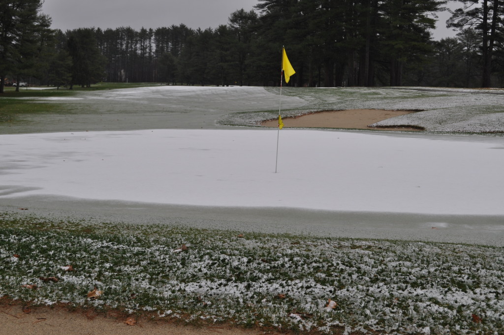 Snow covers a green at Beaver Meadow Golf Club after last week’s storm.