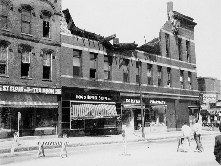 A couple weeks back, we ran a classic Concord photo of downtown’s Masonic Block all gussied up for a parade. Reader DJ Annicchiarico of United Shoe Repair (housed in the self-same Masonic Block) hooked us up with this picture of the block after it was ravaged by a fire in 1962. The building was subsequently torn down and replaced with the buildings you see today. Thanks for the photo, DJ!