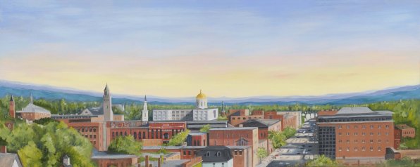Rebecca Kinhan’s painting “Downtown at Dawn, Concord, New Hampshire.” The painting will be auctioned to raise funds for the Greater Concord Chamber of Commerce’s leadership program.