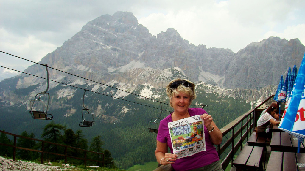 Reader Carole Palmer Zumbrunnen took the Insider with her on a trip to Italy. Here, she’s pictured in front of the Dolomite Mountains, often called the “Italian Alps. Thanks, Carole!