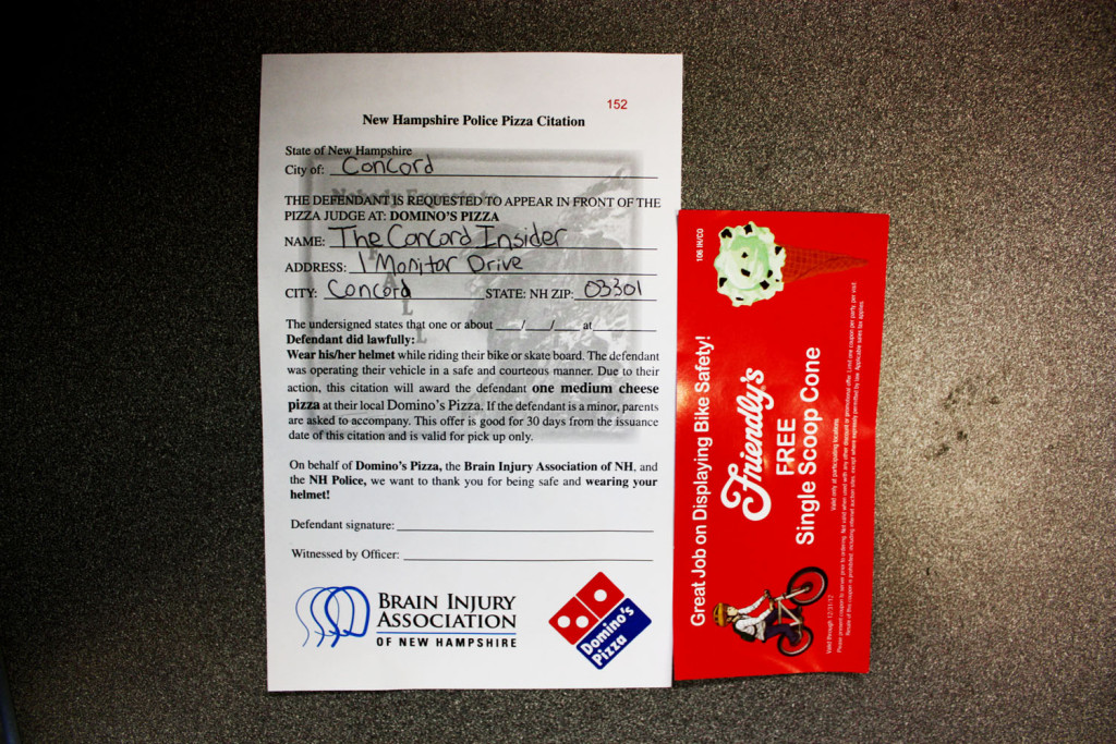 Two tickets, in fact – but it’s not what you think! These tickets are being given out by the Concord Police Department to reward safe bicyclists. If a CPD officer sees you exhibiting bicycle safety, you could get a ticket for free Friendly’s ice cream or Domino’s Pizza. Stay safe, Concord!