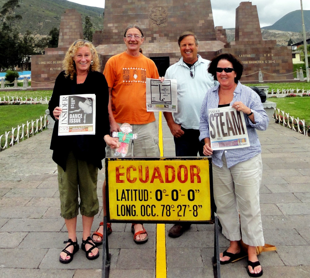 Toni Crosby, Herb Crosby, Bob Blair, Trish Murphy and Flat Stanley from Mrs. Donovan’s second-grade class took the Insider to the Center of the World in Quito, Ecuador, on their way to a Galapagos Islands adventure. That’s pretty cool (actually, it seems like it would be pretty hot – can’t it be both?). If you take the Insider with you on an exotic trip, send us photographic evidence at news@theconcordinsider.com.