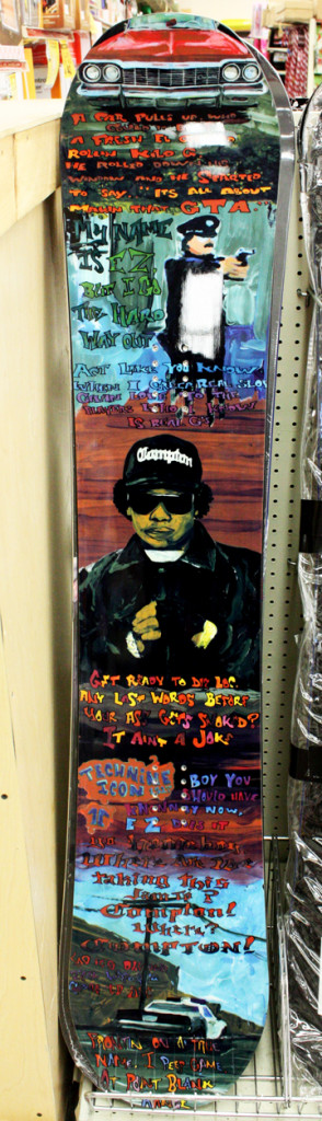 Since Ocean State Job Lots’ slogan is ‘adventure shopping,’ we stopped by to find the most adventurous items in the store. Usually, we make a snarky remark about the items we find. Today, however, we present, without comment, the most awesome thing we’ve ever seen: an Easy-E-themed snowboard. 