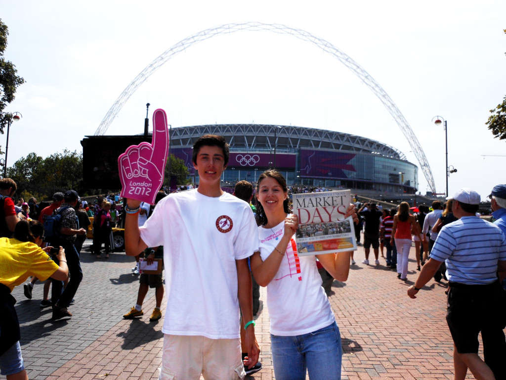 Jess Woodworth and her brother Shawn outside Wembley Stadium during the 2012 Summer Olympics.