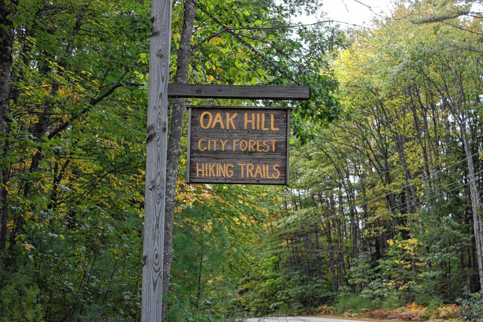 The sign for Oak Hill City Forest and Hiking Trails is wood! (JON BODELL / Insider staff) - 
