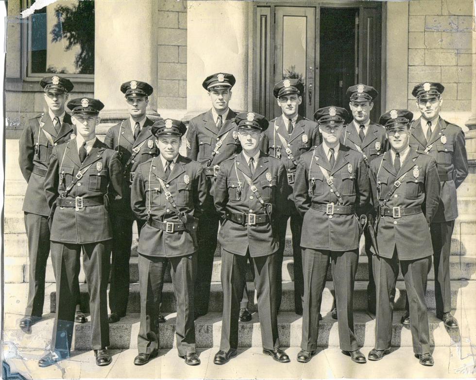 Usually when we take a break from work it either means a trip to the vending machine or a quick nap in the car. But way back in 1946, these members of the Concord police force decided to pose for a pic on the steps of the State Capitol instead. And not only was this group charged with protecting the city, but they were also World war II veterans who protected our country. Thanks to our good pal Conky O’Connell for dropping off this photo to share with all of you, our faithful readers. Back row, from left: Dick Morey, Tom Woods, Walter Carlson, Almore Perron, Worthen Muzzey and John Healy. Front row: John Caldon, Jim Sartorelli, Dan Abbott, Dave Dean and Robert Wester. (Courtesy photo) -