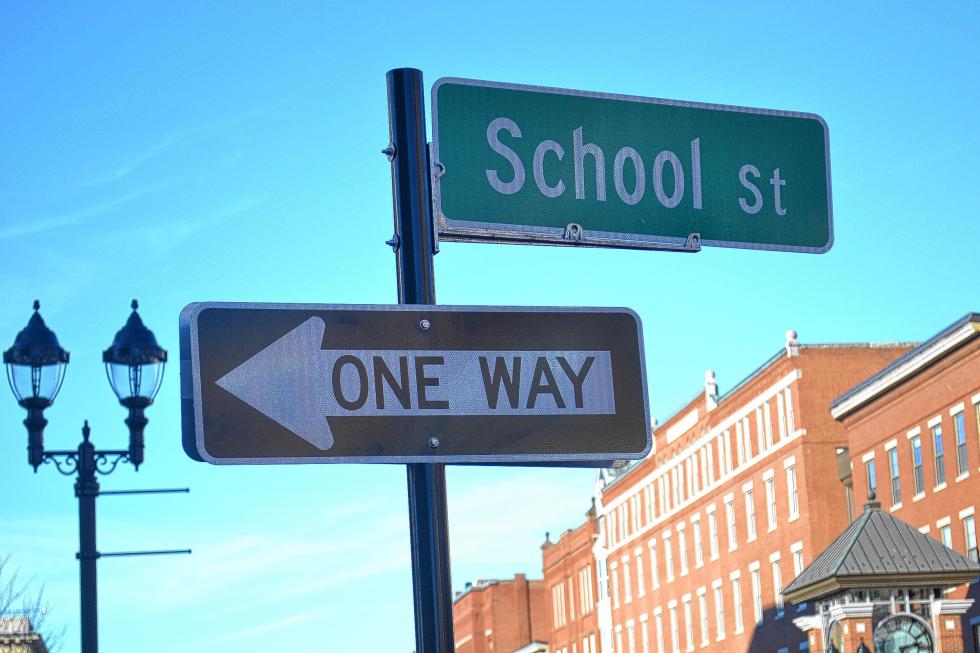 Yes, School Street is still one-way, going away from Main Street. One driver missed that memo during construction. (It’s okay, it happens to the best of us.) (TIM GOODWIN / Insider staff) - 
