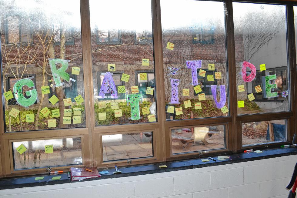 The gratitude window, full of post-it notes. (TIM GOODWIN / Insider staff) - 
