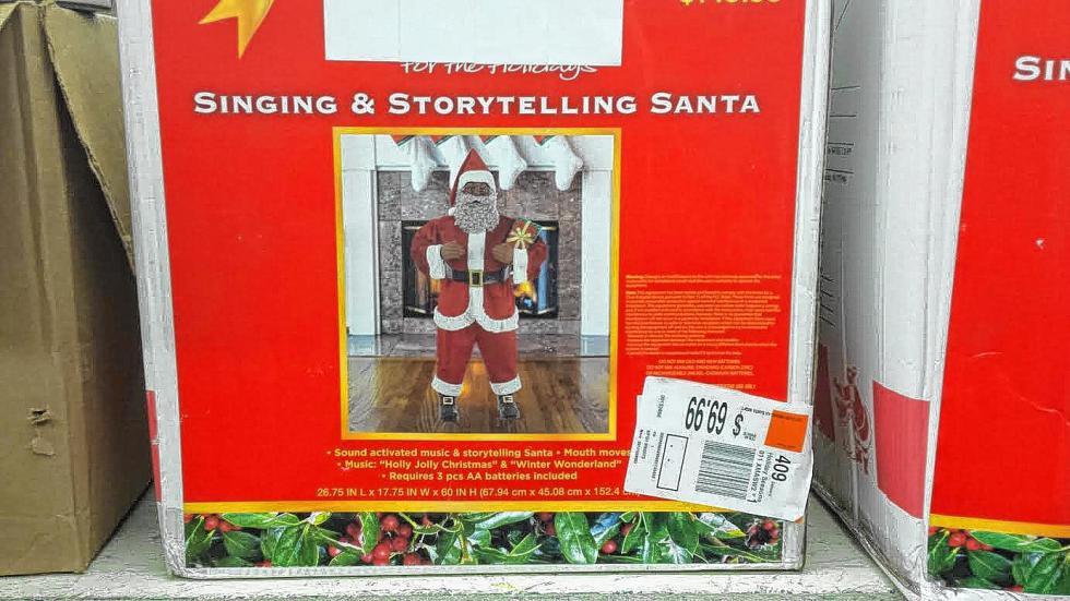 Every house needs at least one Santa, reindeer or snowman that either plays music, sings or dances. This Santa, though, not only sings, but he tells stories as well. Musical selections include “Holly Jolly Christmas” and “Winter Wonderland,” while the story selection will have to be a wait and see approach – that is assuming you take our advice and buy it. We’re going to go out on a limb and say that the cool fireplace background with stockings are not included, but the good news is that it does come with batteries. (TIM GOODWIN / Insider staff) - 
