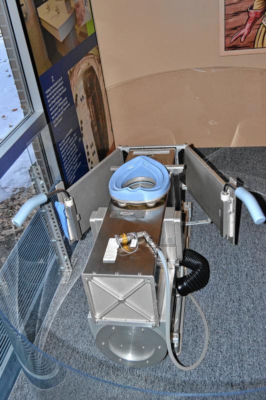 That contraption is used for going to the bathroom in space. Sure doesn’t look like the ones we use on Earth. (TIM GOODWIN / Insider staff) -