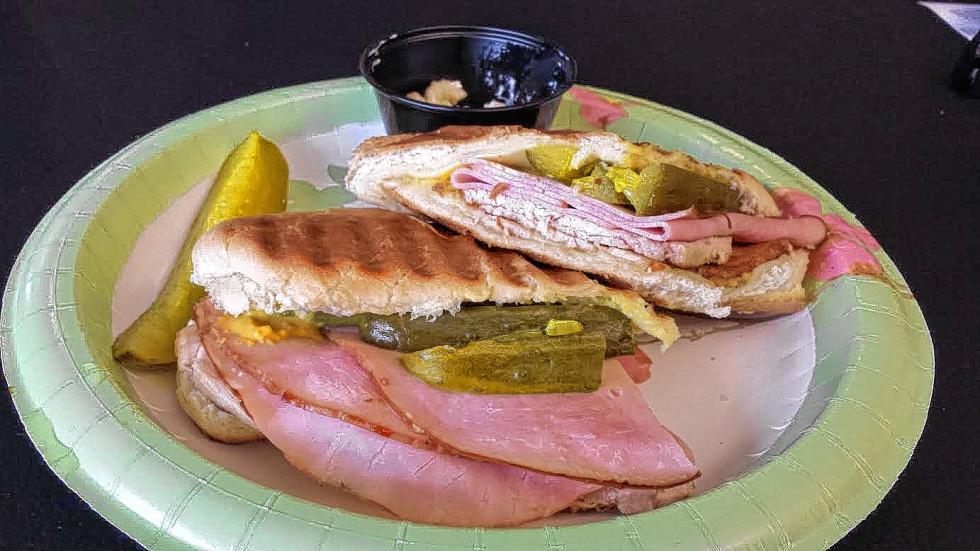 The CountDown Cafe Cuban also featured roast pork, topped with ham, Swiss cheese, pickles and two, count them two, kinds of mustard. Both panini-style sandwiches came with macaroni salad and a pickle. (THE FOOD SNOB / Insider staff) -