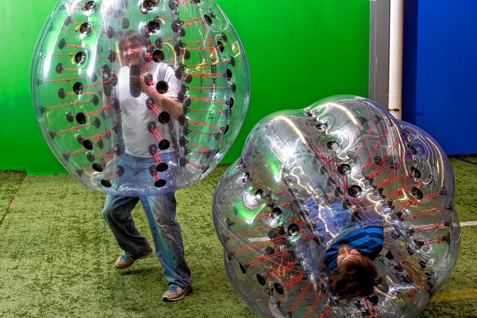 Tim sure does look impressed with his KnockerBall skills. (GEOFF FORESTER / Monitor staff) -