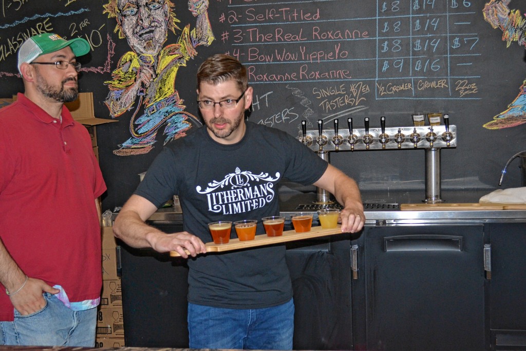 Tim Goodwin / Insider staffTop: Check out the Lithermans swag. Bottom right: A growler full of Roxanne Roxanne. Bottom left: That’s a flight. Delicious looking isn’t it?