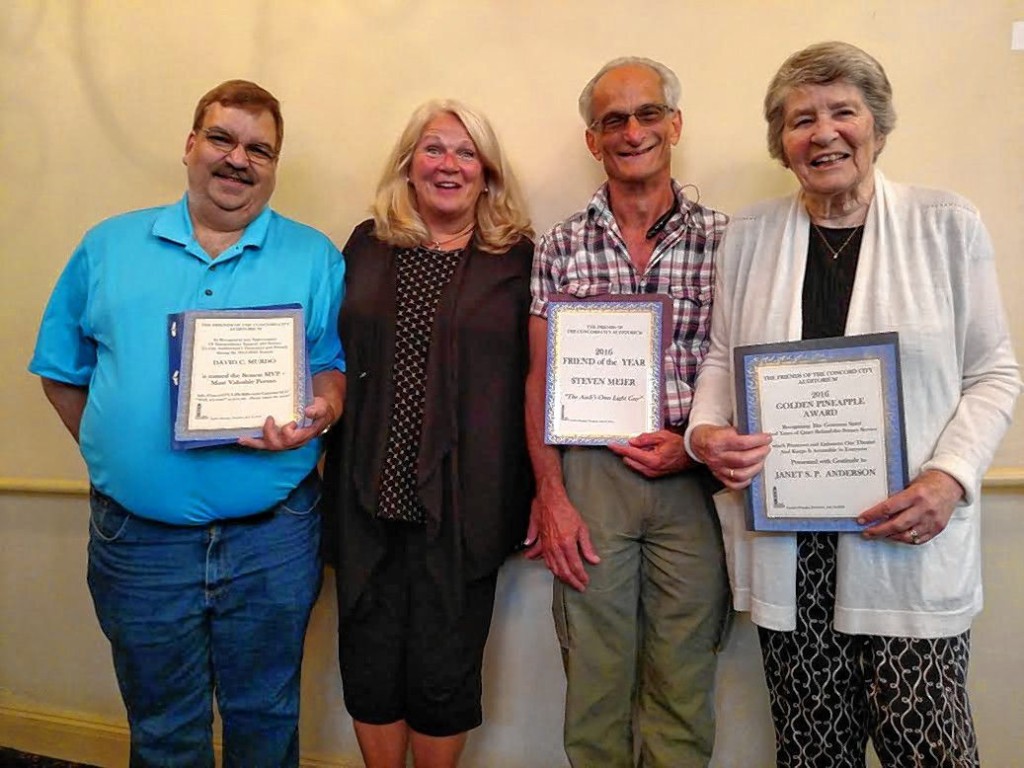 CourtesyThe Friends of The Audi topped off their 25th annual meeting by recognizing outstanding volunteer service to the theatre.  From left: David Murdo, the Most Valuable Person cup; Friends President Cindy Flanagan; Steven Meier, Friend of The Year; and Janet Anderson, the Golden Pineapple Award. Not pictured: Rich Woodfin and Charter Trust Company, Business Appreciation Award.