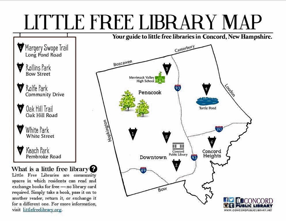 JON BODELL / Insider staff (left), Courtesy of Concord Public Library (right)Left: Here’s the Little Free Public Library at White Park. Right: A map of all of the mini libraries run by the big library.