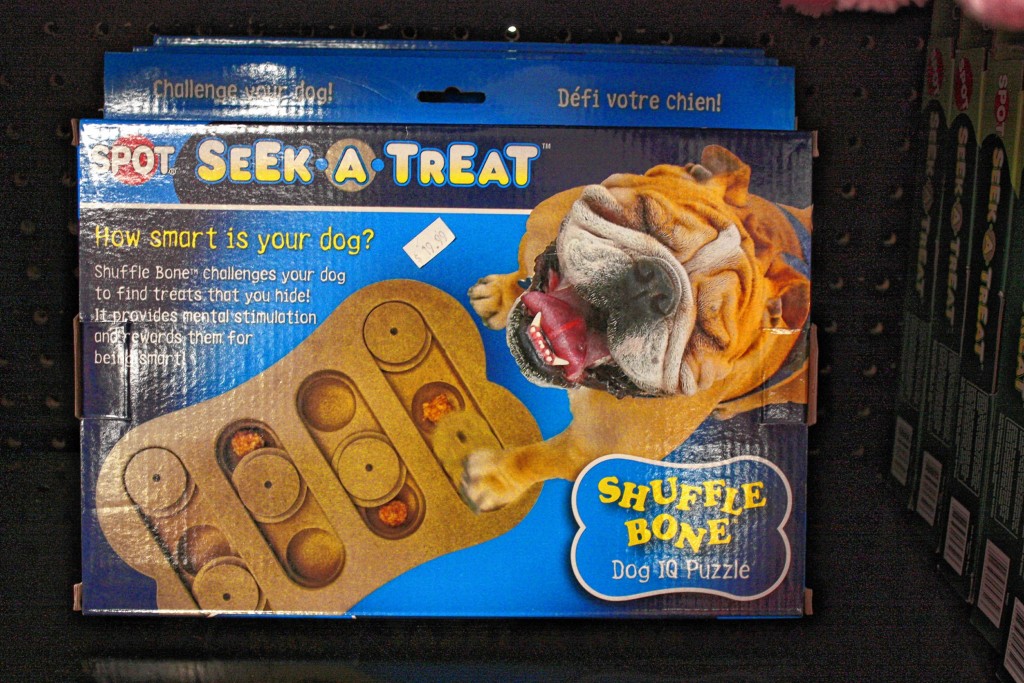 JON BODELL / Insider staffApparently, Sandy’s Pet Food Center sells more than just food  – check out all of these  toys. Top left: The newest (and  coolest) item in stock: a Nerf dog ball gun. Don’t get your hand covered in slimey slobber only to throw out your arm – pick the ball up hands-free with the barrel of the gun and then fire it up to 50 feet! Top right: The whole Chuckit line is popular at Sandy’s. These toys are as tough as they come. Right middle: A nice basket of pigs. Above: Test your dog’s wits with this  game.