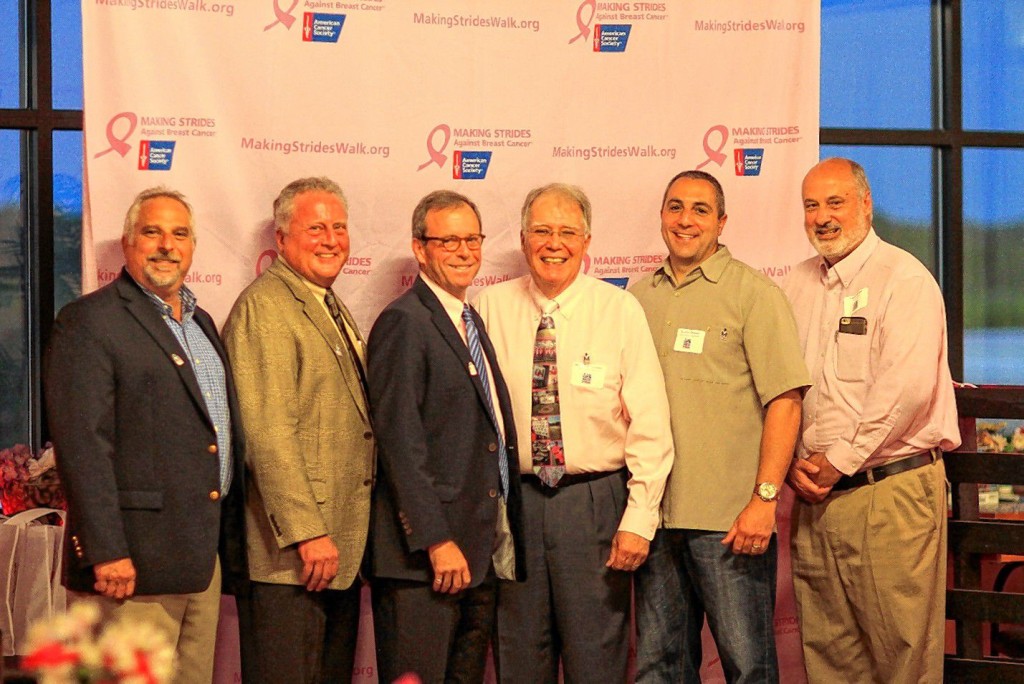 CourtesyFrom left: Jeff Kipperman, Mike Violette, Peter Burger, Michael St. Germain, Lt. John Thomas and “Monitor” photo editor Geoff Forester pose for a photo at the Real Men Wear Pink reveal party.