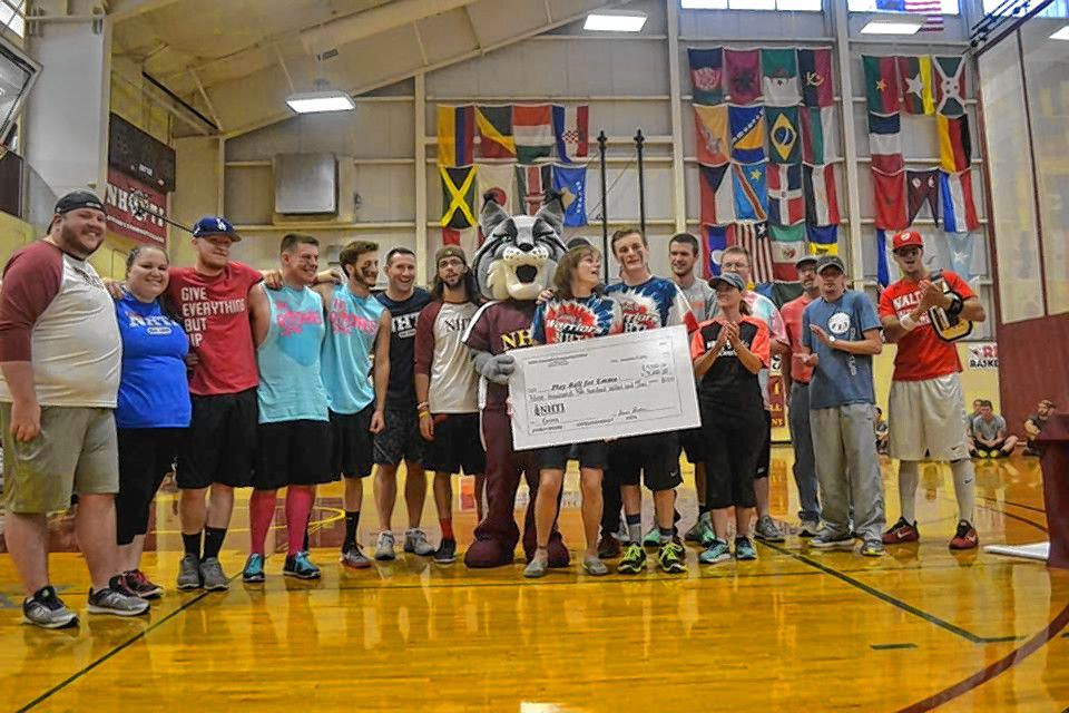 CourtesyNHTI’s annual Wiffleball Tournament, held Sept. 17 in the college’s Goldie Crocker Wellness Center, raised a record-breaking $10,000 for this year’s beneficiary, Emma, a local teenage girl with autism and associated medical issues. Pictured are Emma’s mom Joyce and brother Ethan with NHTI mascot Leroy the Lynx and a few of the wiffleball team captains. The Waltham Weekend Warriors were the winning team for the second straight year, and The Goonies brought in the most money, topping $3,000.