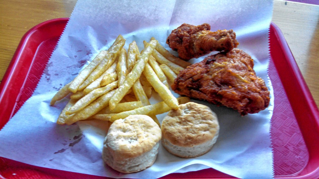 The 2 pc. Chicken Box special from WOW Fried Chicken on Depot Street. You get two pieces of fried chicken, fries or coleslaw and a biscuit (or in this case, two biscuits).