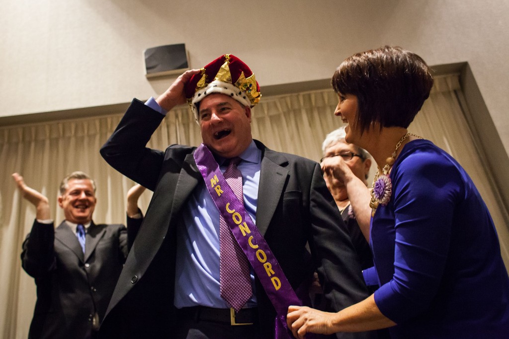 John Cimikoski, owner of Cimo’s South End Deli, is crowned Mr. Concord during the Mr. Concord Pageant at the Grappone Conference Center in Concord on Nov. 18.