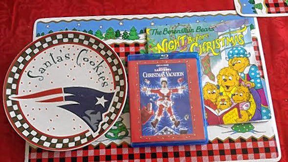 The Goodwin starter kit for Christmas Eve – a New England Patriots Santa's cookies plate, ‘National Lampoon's Christmas Vacation’ and ‘Night Before Christmas’ – Berenstain Bears style.