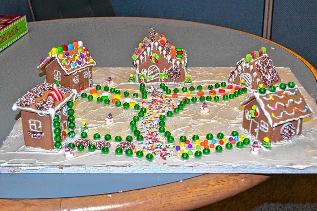 The library wants you to make a tiny gingerbread house on Wednesday. This was our tiny house village from last year.