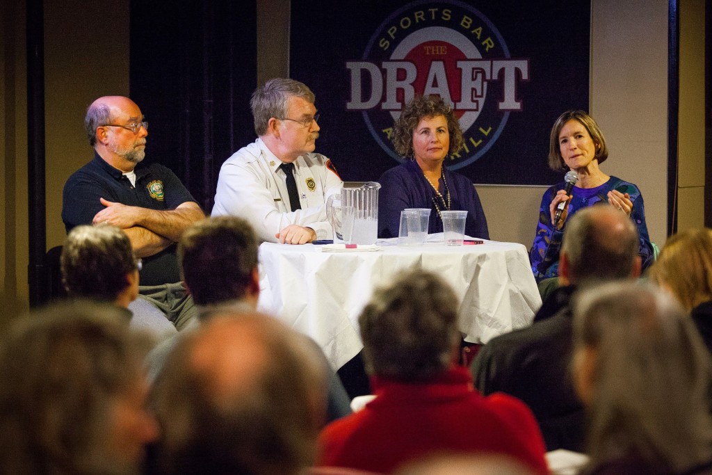 Panelists including New Hampshire Chief Medical Examiner Thomas Andrew, Concord Fire Chief Dan Andrus, Director of Substance Use Services at Concord Hospital Monica Edgar and Concord Hospital addiction specialist Molly Rossignol took questions from the audience during Science Cafe at The Draft Sports Bar in Concord on Tuesday, Jan. 12, 2016. The panel theme was heroin and addiction.